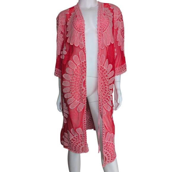 Sheer Mesh Floral Embroidered Kimono Duster Jacket Women XL Boho Festival Hippie - Picture 1 of 8